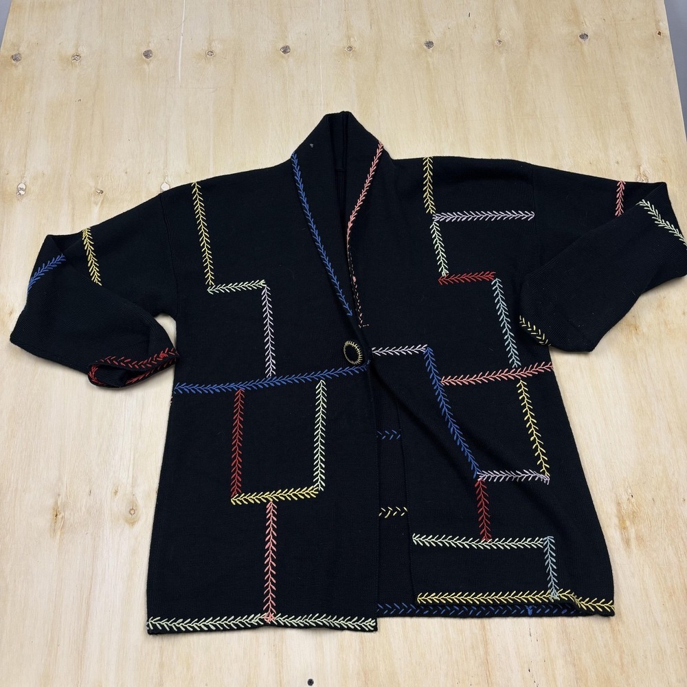 Vintage Cardigan Sweater Womens Medium Black Multicolor Collared Knit